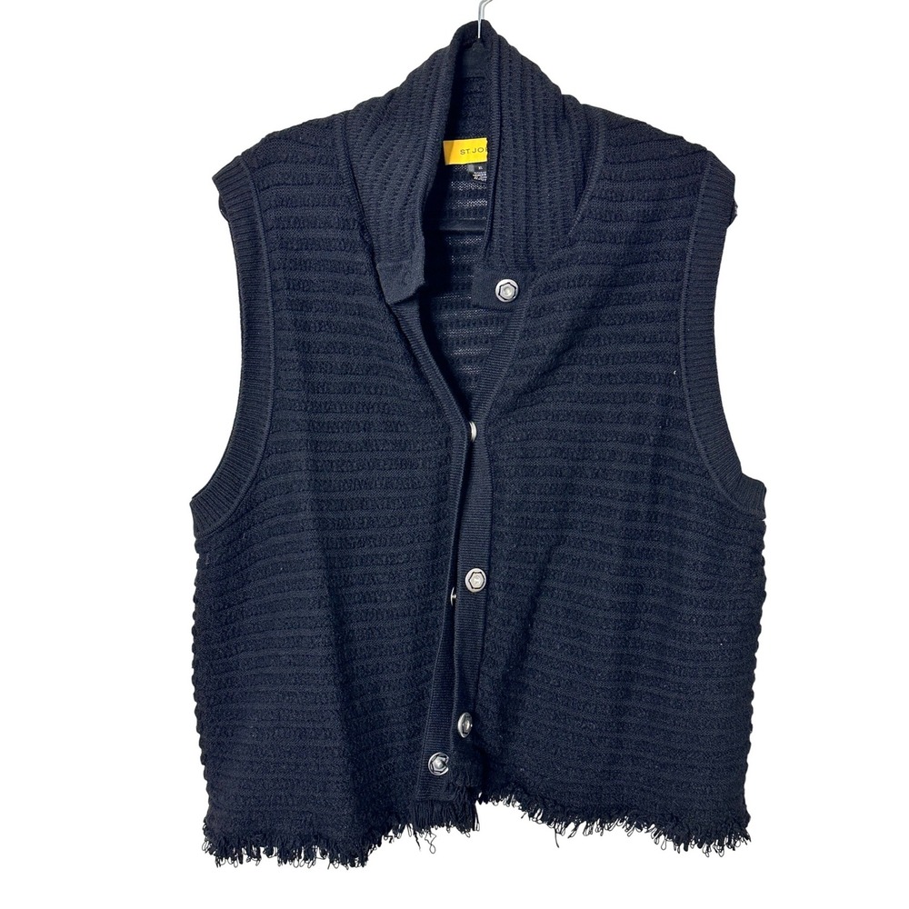 ST JOHN Black Knit Shawl Collar Button Front Fringe Vest Sweater Women's‎ XL